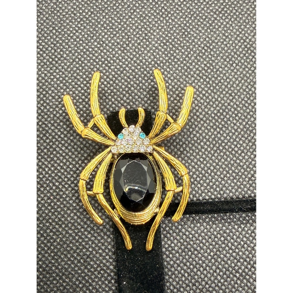 Gold Tone Spider Brooch Black Faceted Stone Rhinestone Halloween Pin